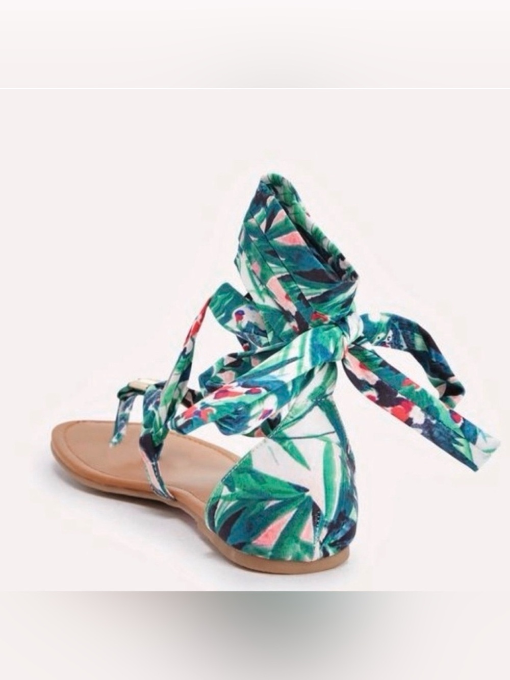 JustFab Lilly Tropical Palm Lace Up Gladiator Sandals Wide Width 8W Green Floral - Picture 4 of 8
